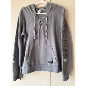 Victoria Secret PINK Lace Up Hoodie Heather Grey Logo Sleeve Pullover XS